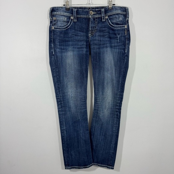 Silver Jeans Berkley Straight Womens 31/32 Dark Wash Stretch Denim Low Rise EUC - Picture 2 of 12